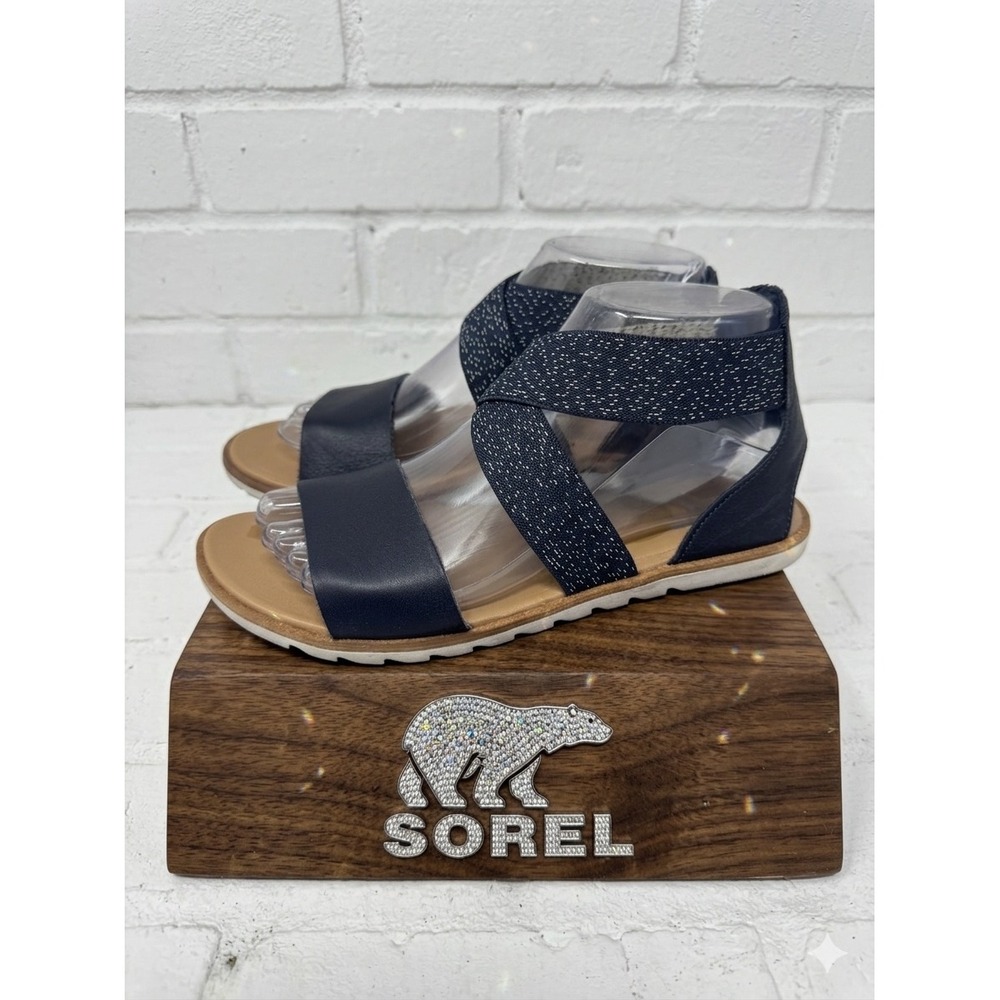 Sorel Ella Sandal🦋⭐️Navy Blue Leather Crisscross Strappy Flat Sandals Womens 7